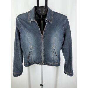 Clash Jeans USA Womens Denim Jacket Dark Wash Zip Front Stretch Blue Size L
